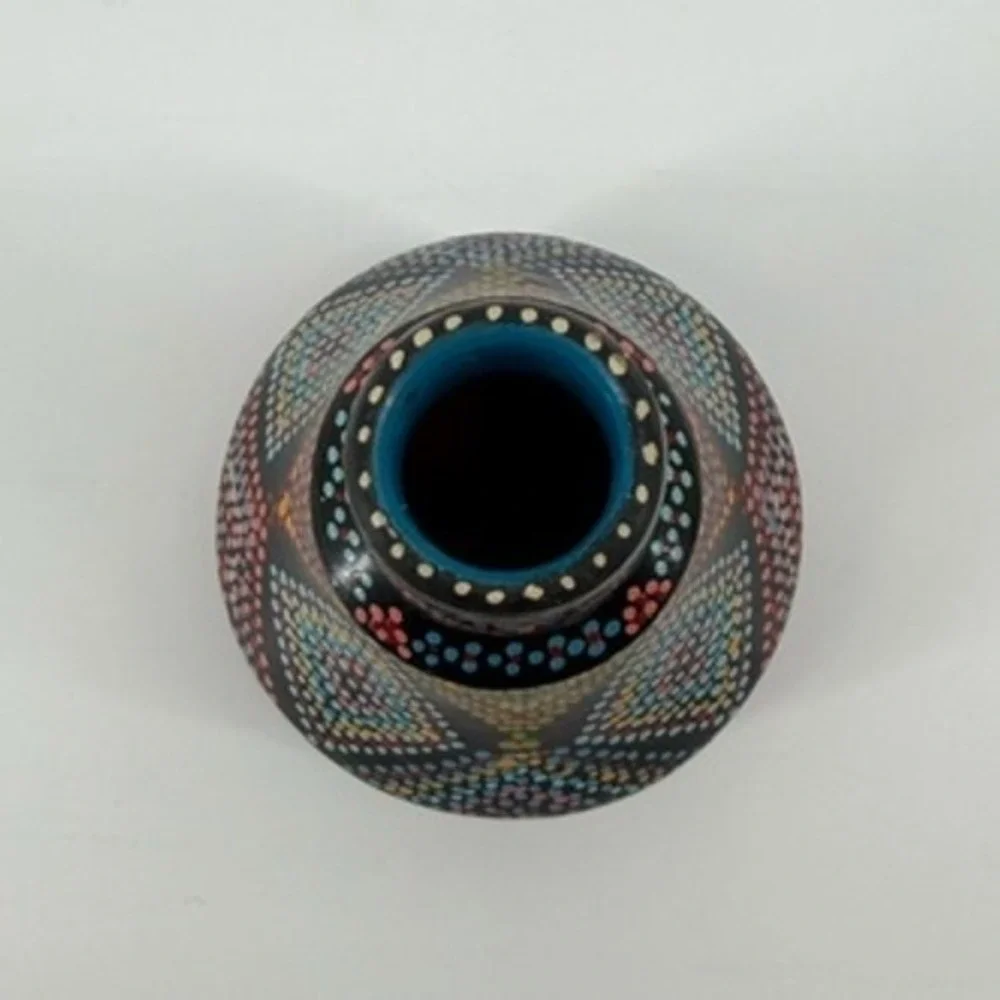 Hand Painted Pointillism Ceramic Bud Vase Black Geometric Dot Art‎ 4.25in